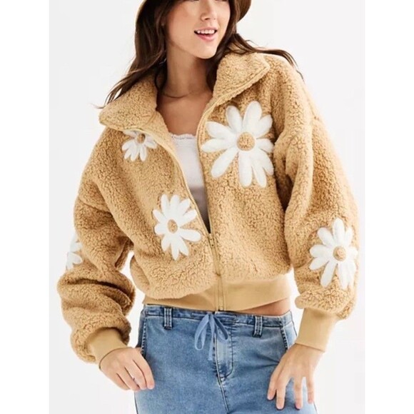 SO High Pile Sherpa Jacket Womens L Teddy Soft Cozy Sherpa Cropped - Picture 1 of 7